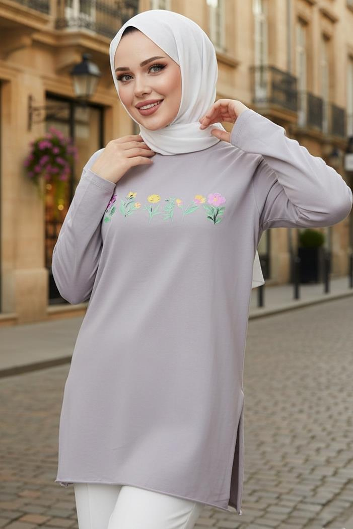 Çiçek Desen Tesettür Tunik 1425 - Taş