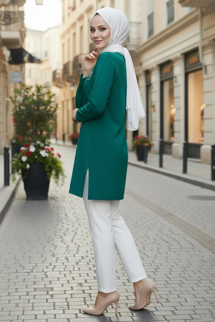 Çiçek Desen Tesettür Tunik 1425 - Zümrüt Yeşili