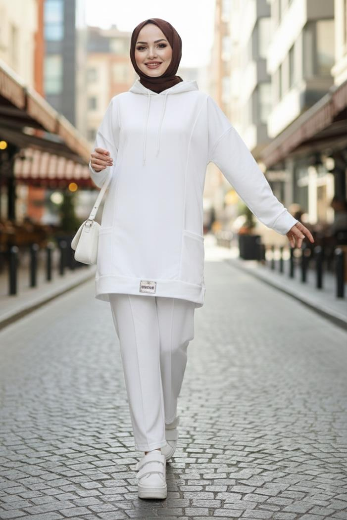Çift Cepli Kapüşonlu İkili Takım 1668 - Beyaz
