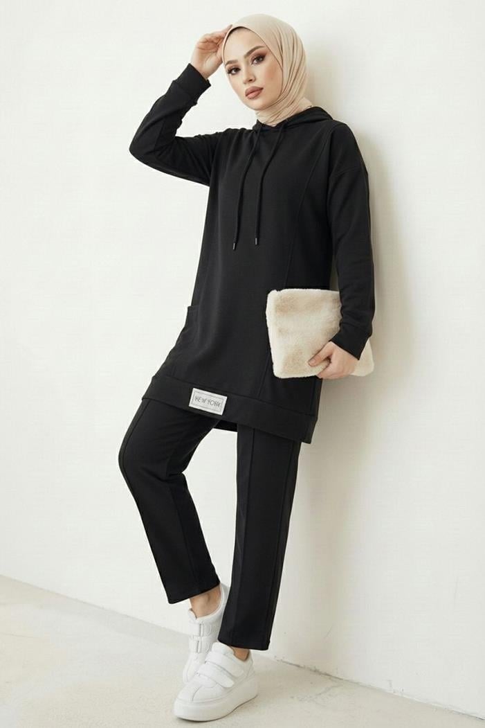 Çift Cepli Kapüşonlu İkili Takım 1668 - Siyah