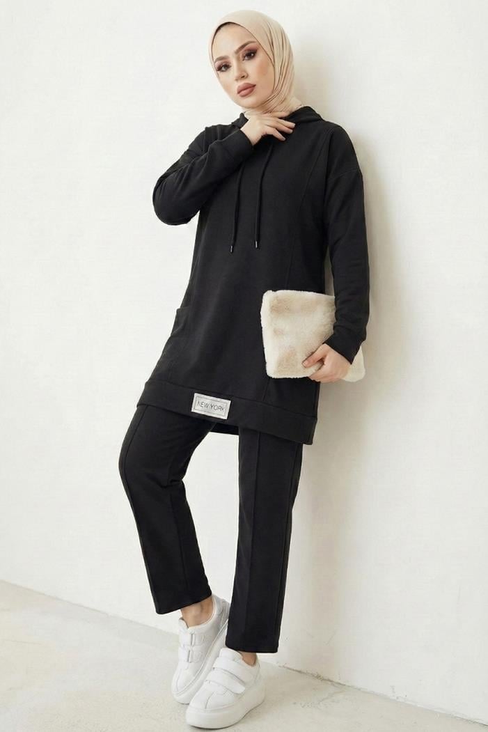 Çift Cepli Kapüşonlu İkili Takım 1668 - Siyah
