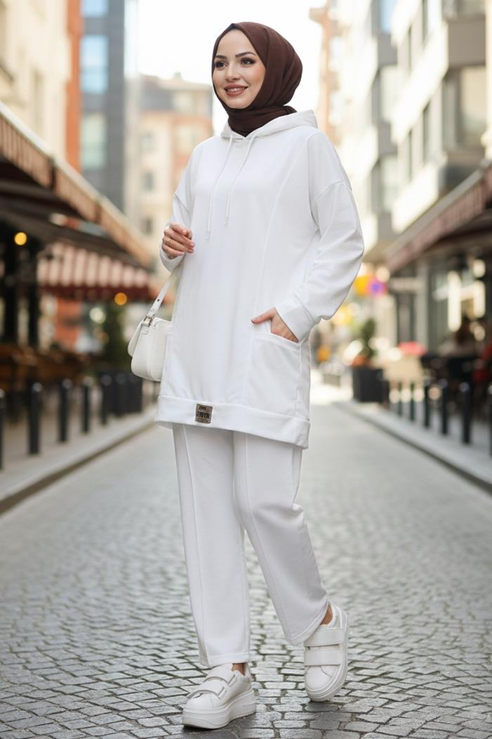 Çift Cepli Kapüşonlu İkili Takım 1668 - Beyaz