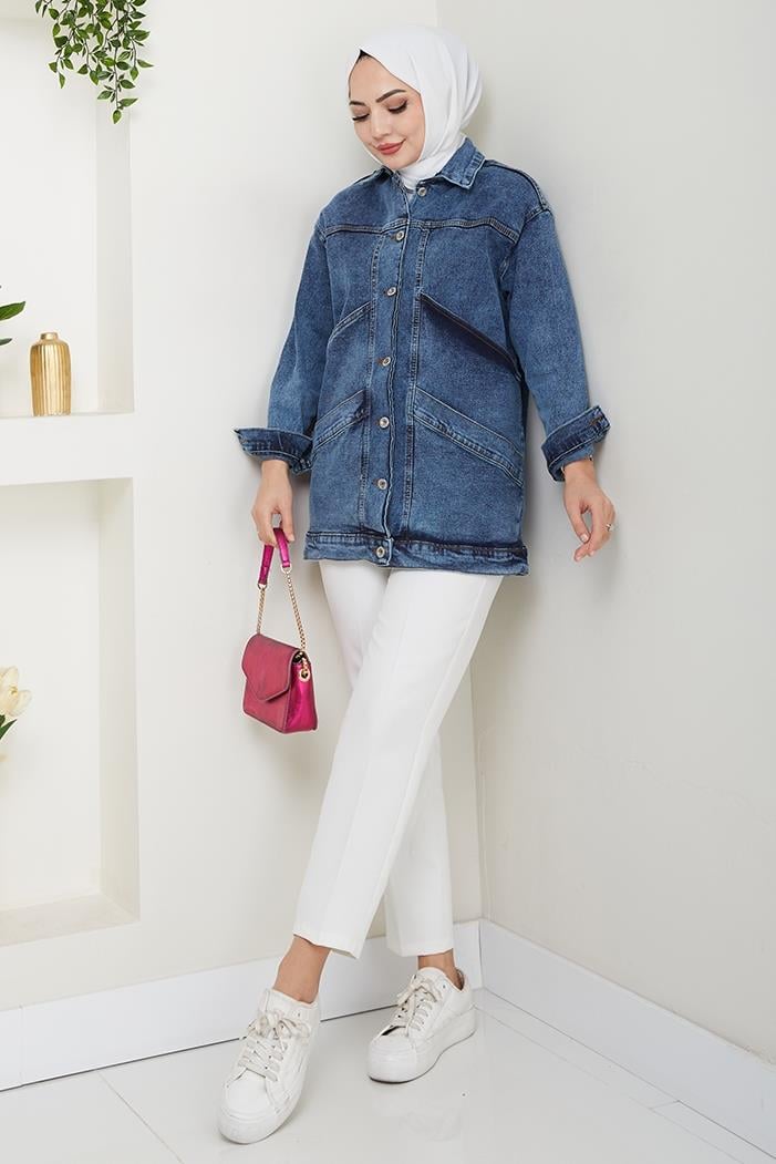 Çift Cepli Oversize Kot Ceket 1436 - Mavi