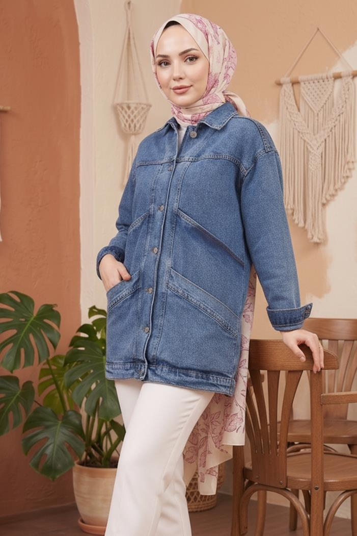 Çift Cepli Oversize Kot Ceket 1436 - Mavi