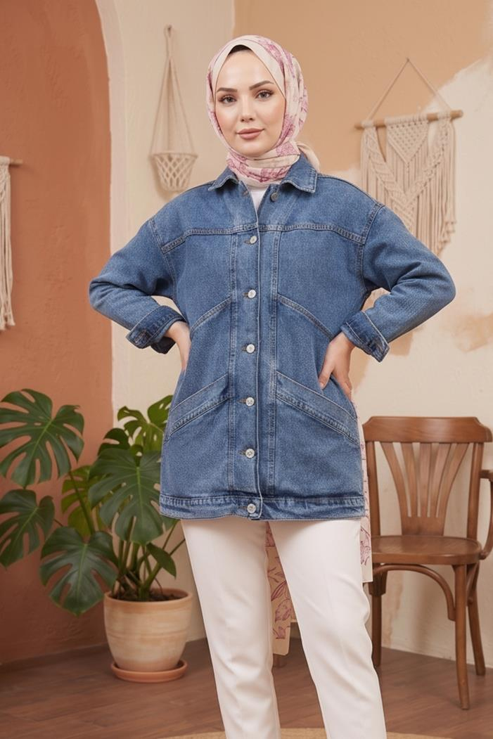 Çift Cepli Oversize Kot Ceket 1436 - Mavi