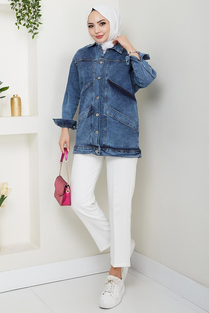 Çift Cepli Oversize Kot Ceket 1436 - Mavi