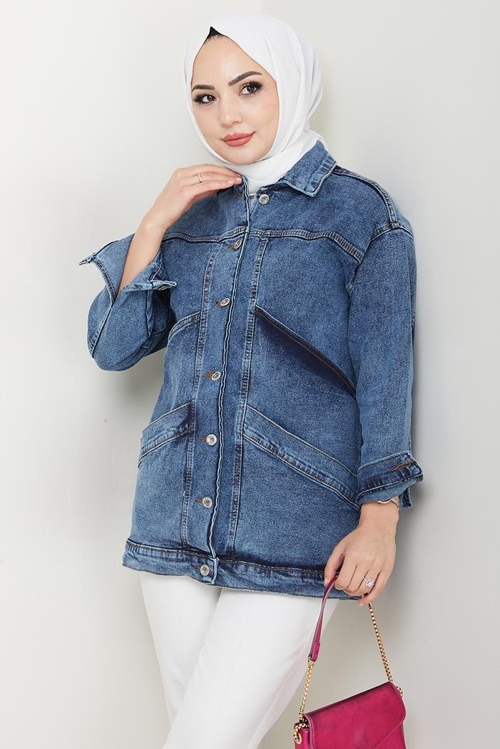 Çift Cepli Oversize Kot Ceket 1436 - Mavi