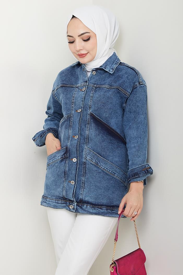 Çift Cepli Oversize Kot Ceket 1436 - Mavi