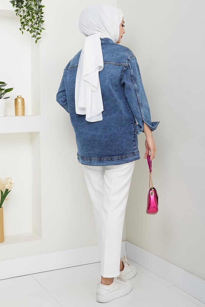 Çift Cepli Oversize Kot Ceket 1436 - Mavi