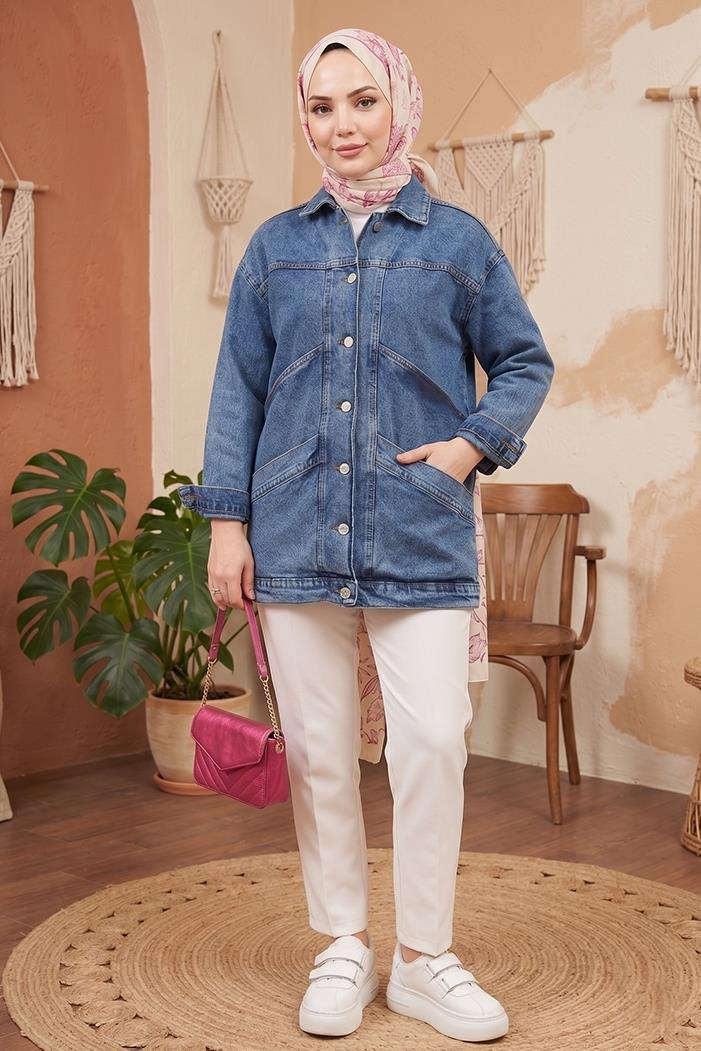 Çift Cepli Oversize Kot Ceket 1436 - Mavi