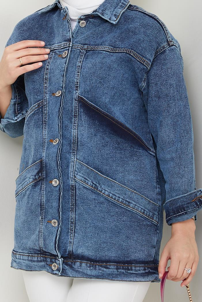 Çift Cepli Oversize Kot Ceket 1436 - Mavi