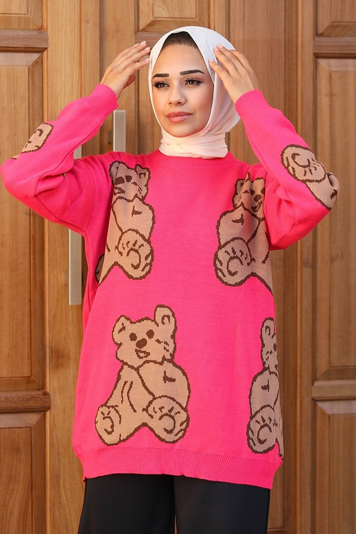 Çise Ayıcık Desenli Triko Tunik 328 - Fuşya