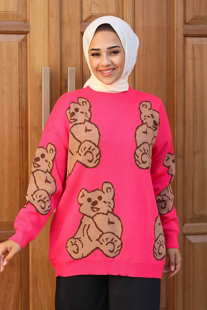 Çise Ayıcık Desenli Triko Tunik 328 - Fuşya