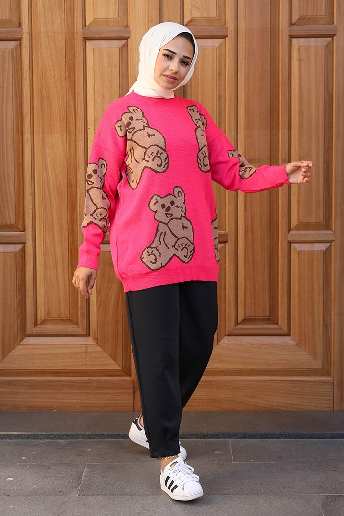 Çise Ayıcık Desenli Triko Tunik 328 - Fuşya