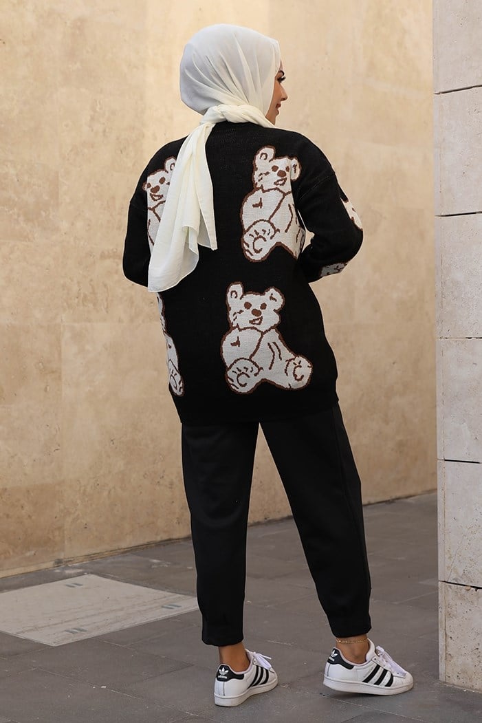 Çise Ayıcık Desenli Triko Tunik 328 - Siyah