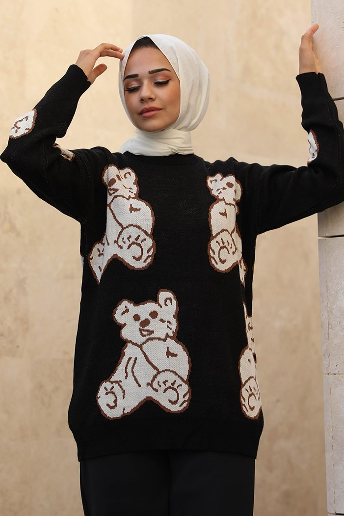 Çise Ayıcık Desenli Triko Tunik 328 - Siyah