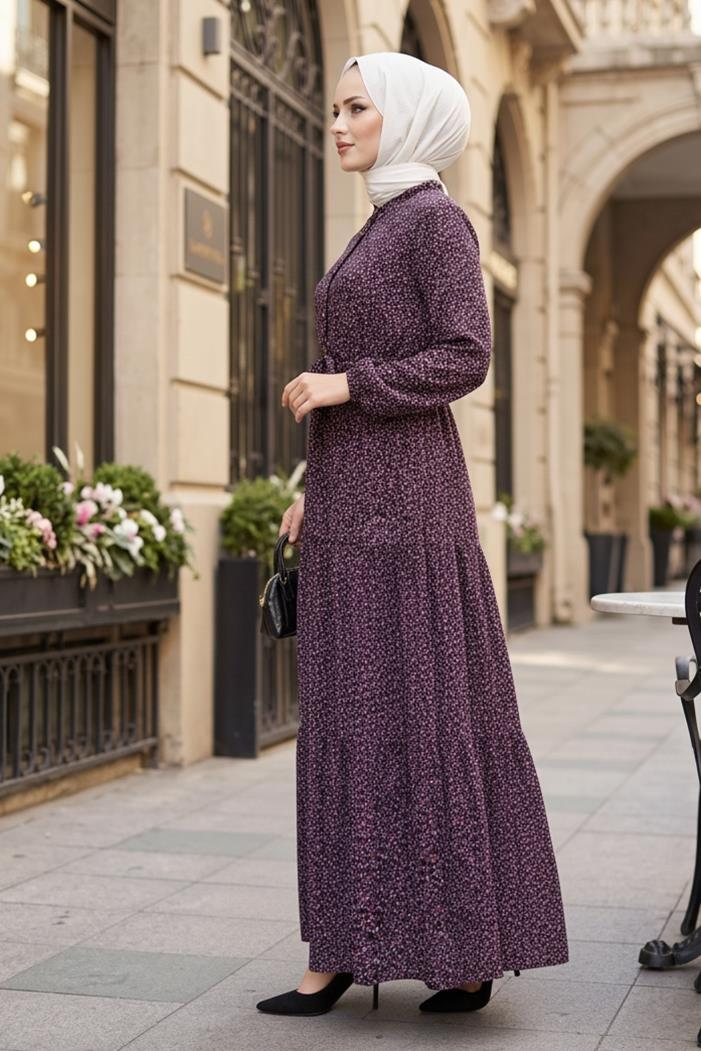 Çıtır Çiçek Desen Yarım Düğmeli Elbise 1629 - Pembe
