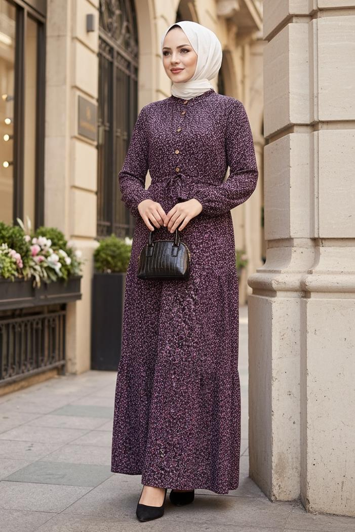 Çıtır Çiçek Desen Yarım Düğmeli Elbise 1629 - Pembe