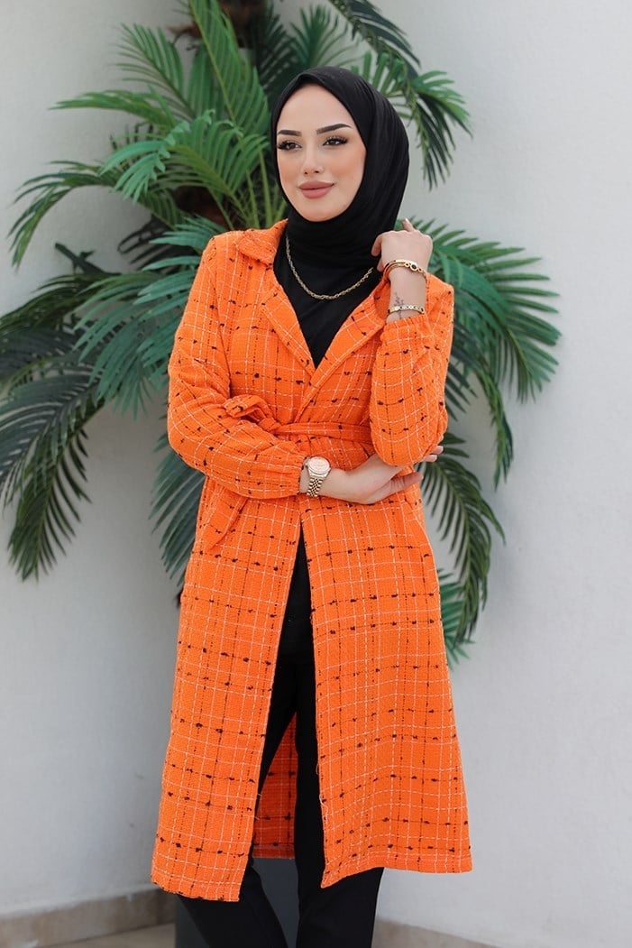 Çizgi Detay Kemerli Tüvit Tesettür Kap 388 - Turuncu