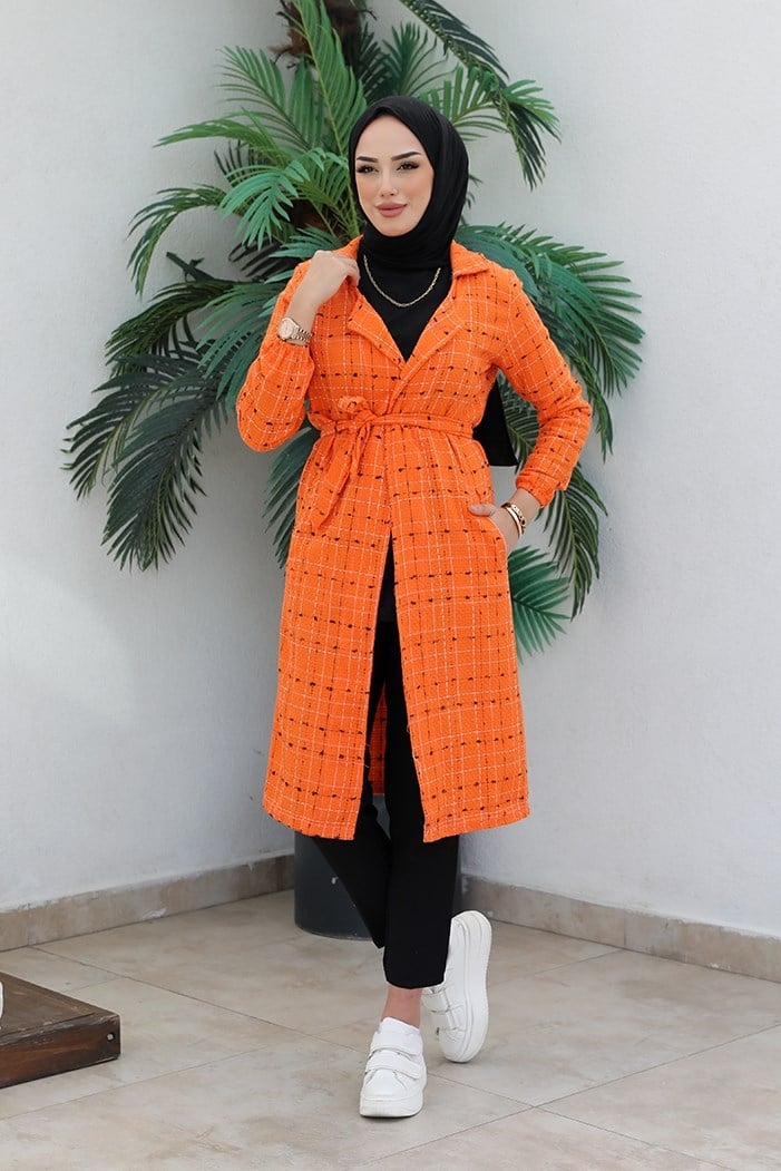 Çizgi Detay Kemerli Tüvit Tesettür Kap 388 - Turuncu