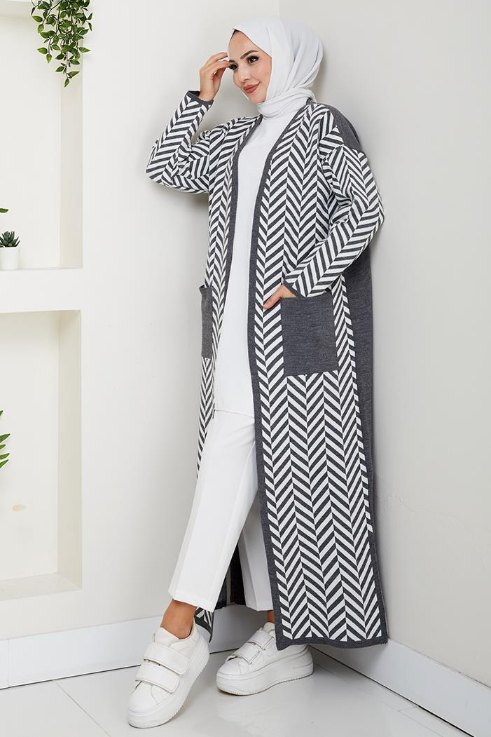 Çizgi Detaylı Triko Hırka 1604 - Antrasit