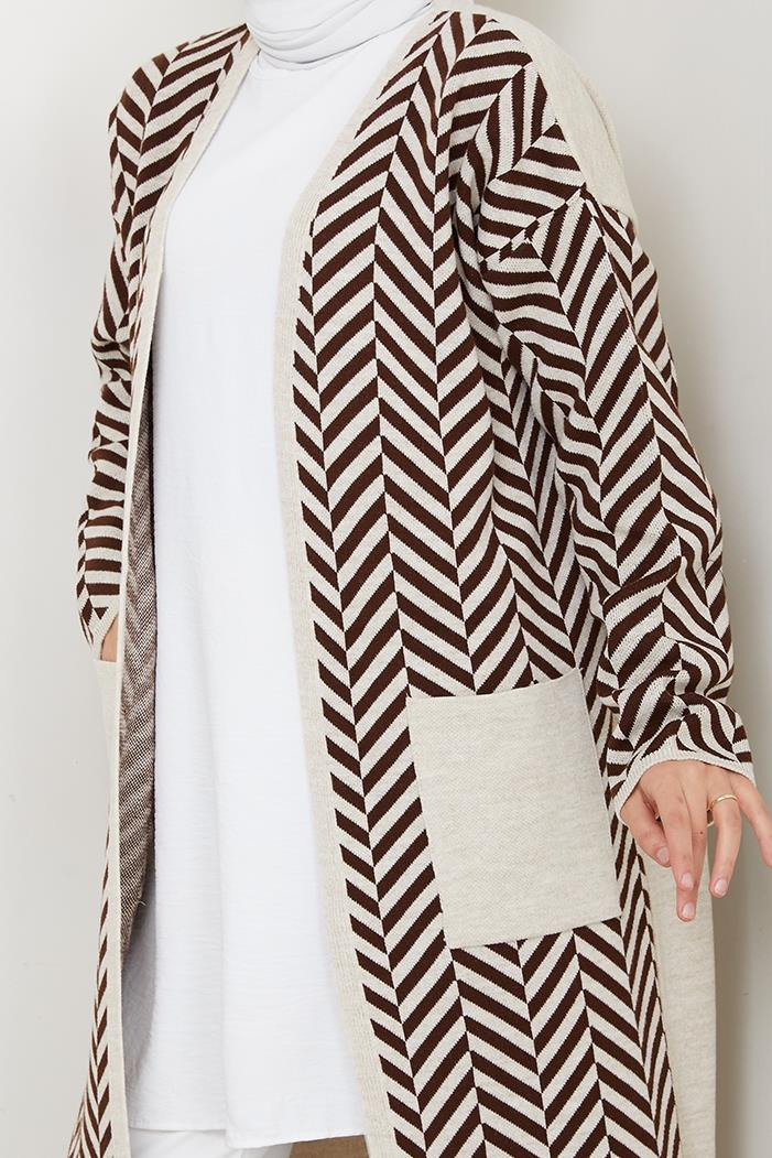 Çizgi Detaylı Triko Hırka 1604 - Kahve