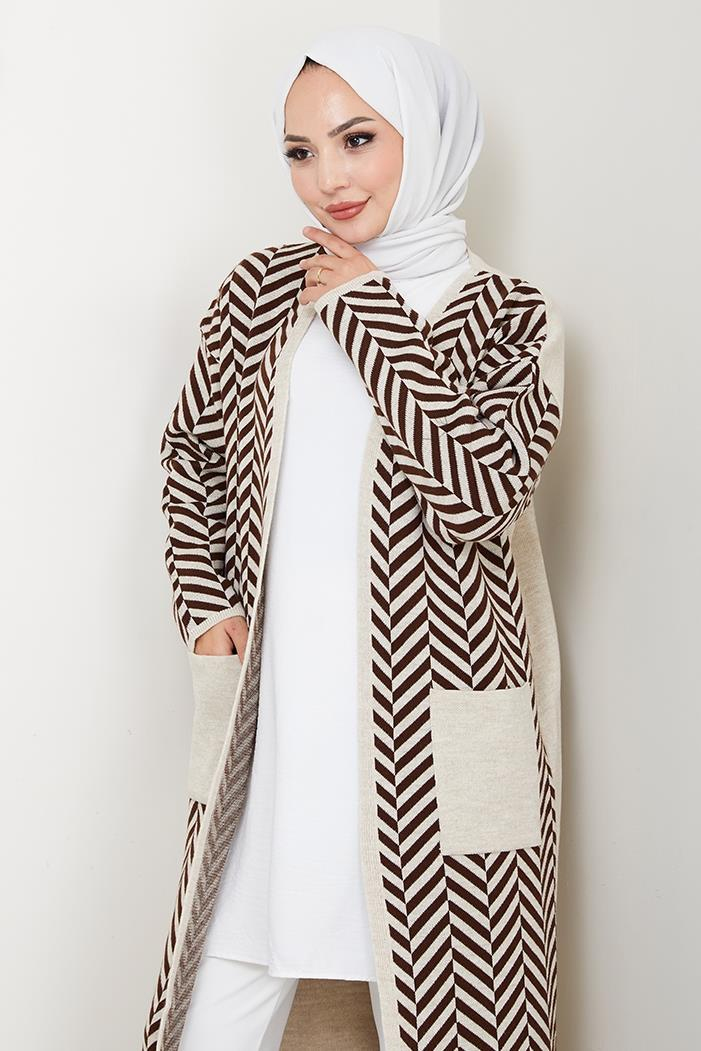 Çizgi Detaylı Triko Hırka 1604 - Kahve