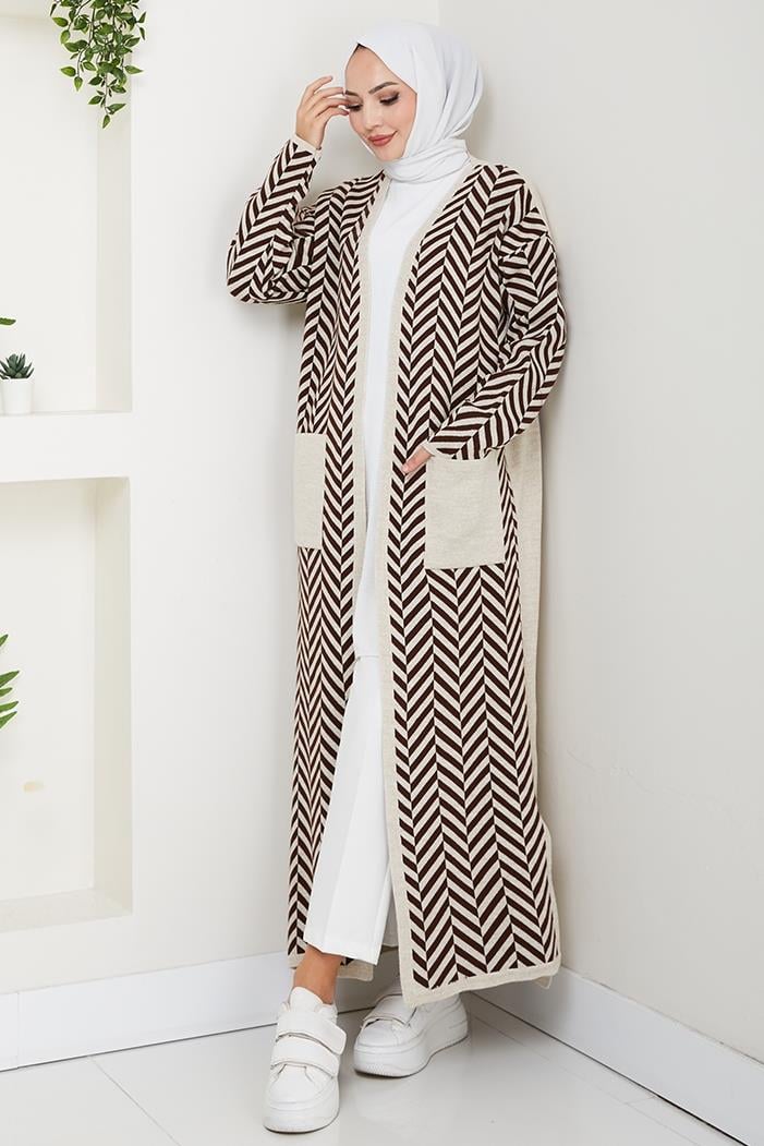 Çizgi Detaylı Triko Hırka 1604 - Kahve