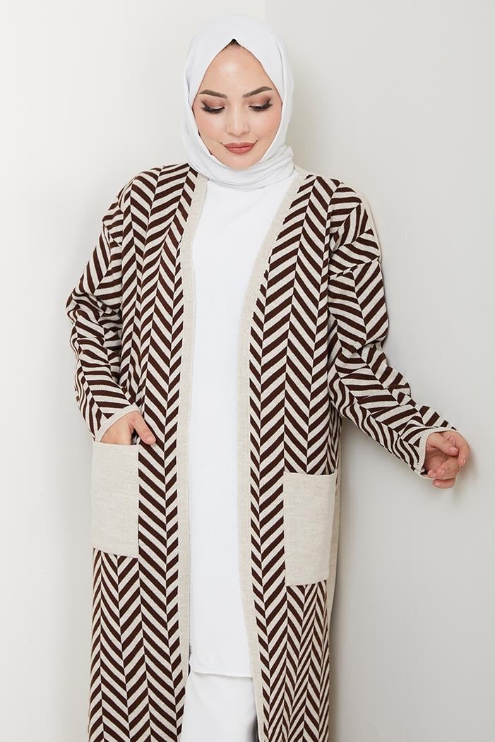 Çizgi Detaylı Triko Hırka 1604 - Kahve