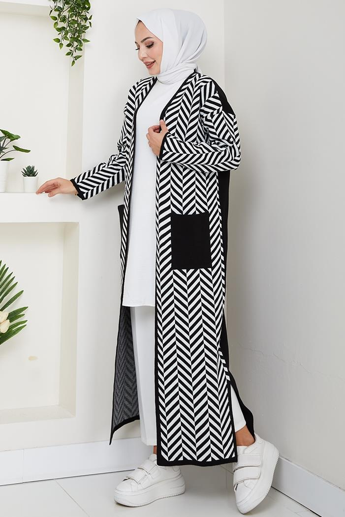 Çizgi Detaylı Triko Hırka 1604 - Siyah