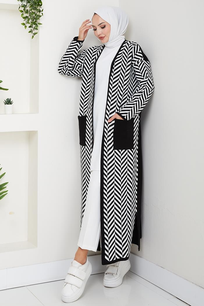 Çizgi Detaylı Triko Hırka 1604 - Siyah