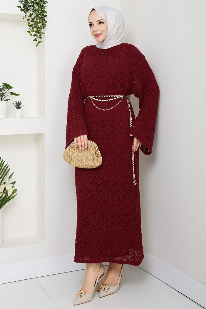 Dantel Motifli Astarlı Triko Elbise 1601 - Bordo