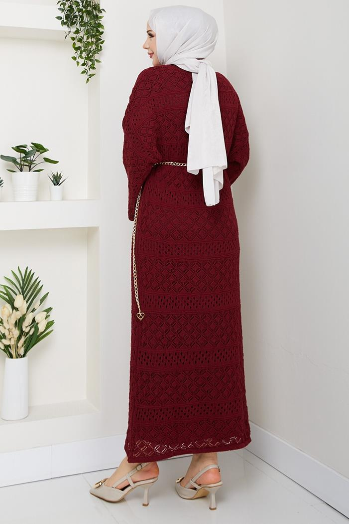 Dantel Motifli Astarlı Triko Elbise 1601 - Bordo