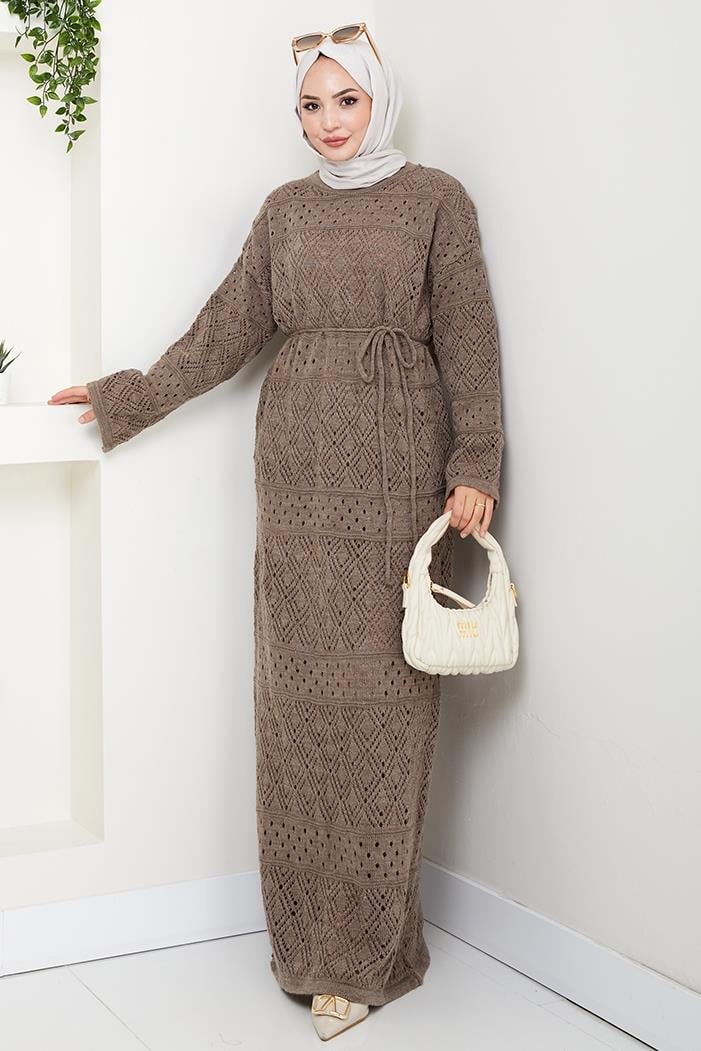 Dantel Motifli Astarlı Triko Elbise 1601 - Açık Kahve