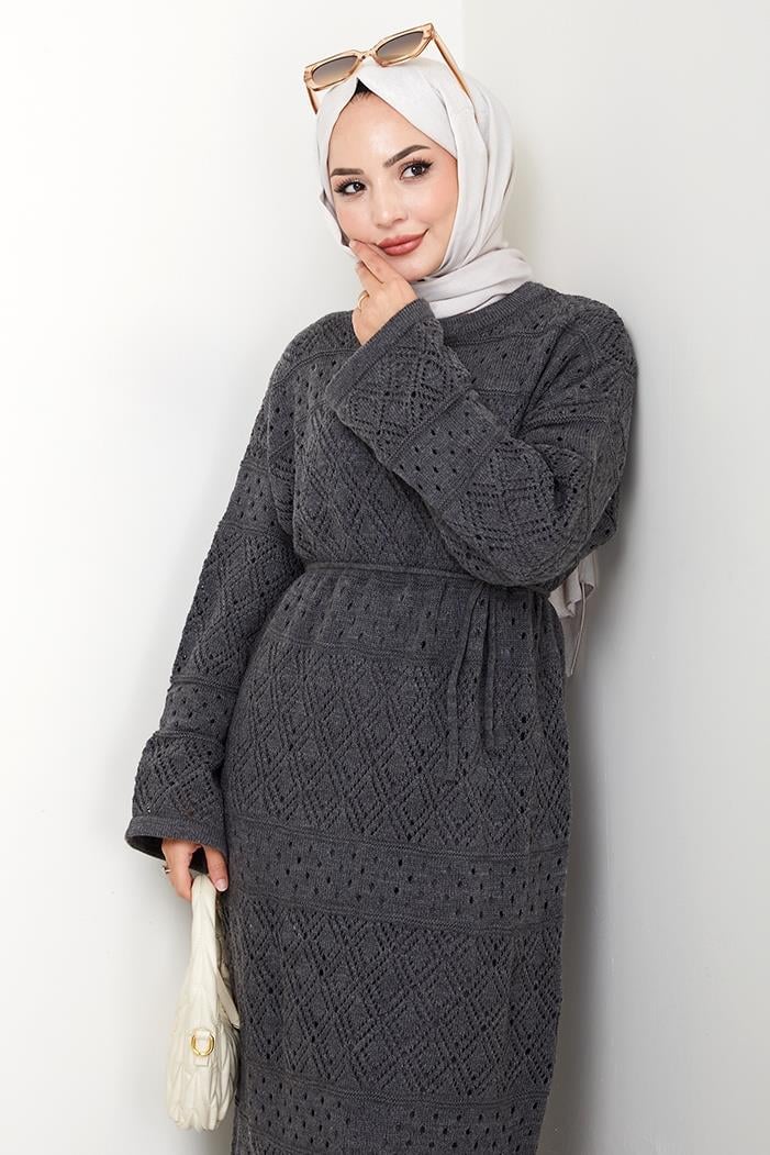 Dantel Motifli Astarlı Triko Elbise 1601 - Antrasit