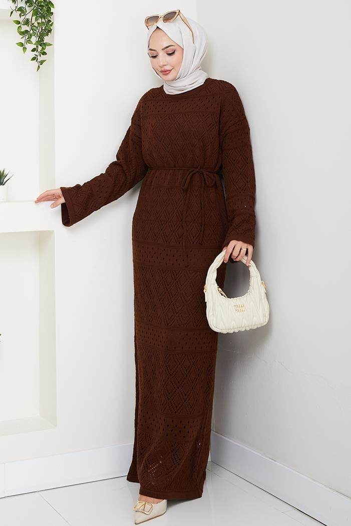 Dantel Motifli Astarlı Triko Elbise 1601 - Acı Kahve