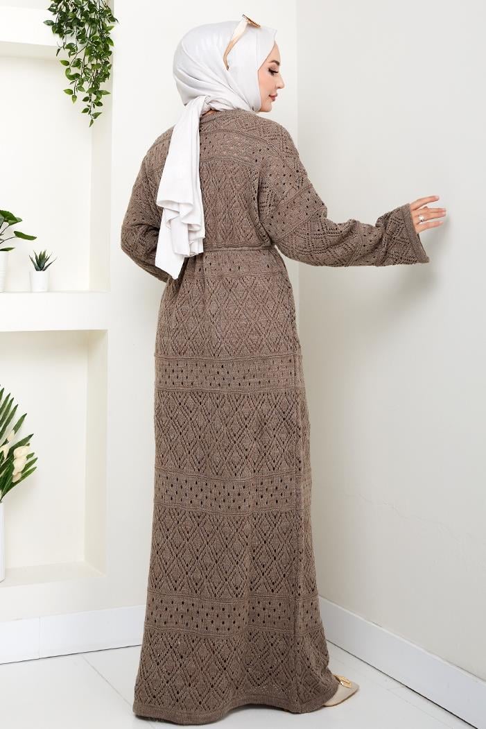 Dantel Motifli Astarlı Triko Elbise 1601 - Açık Kahve