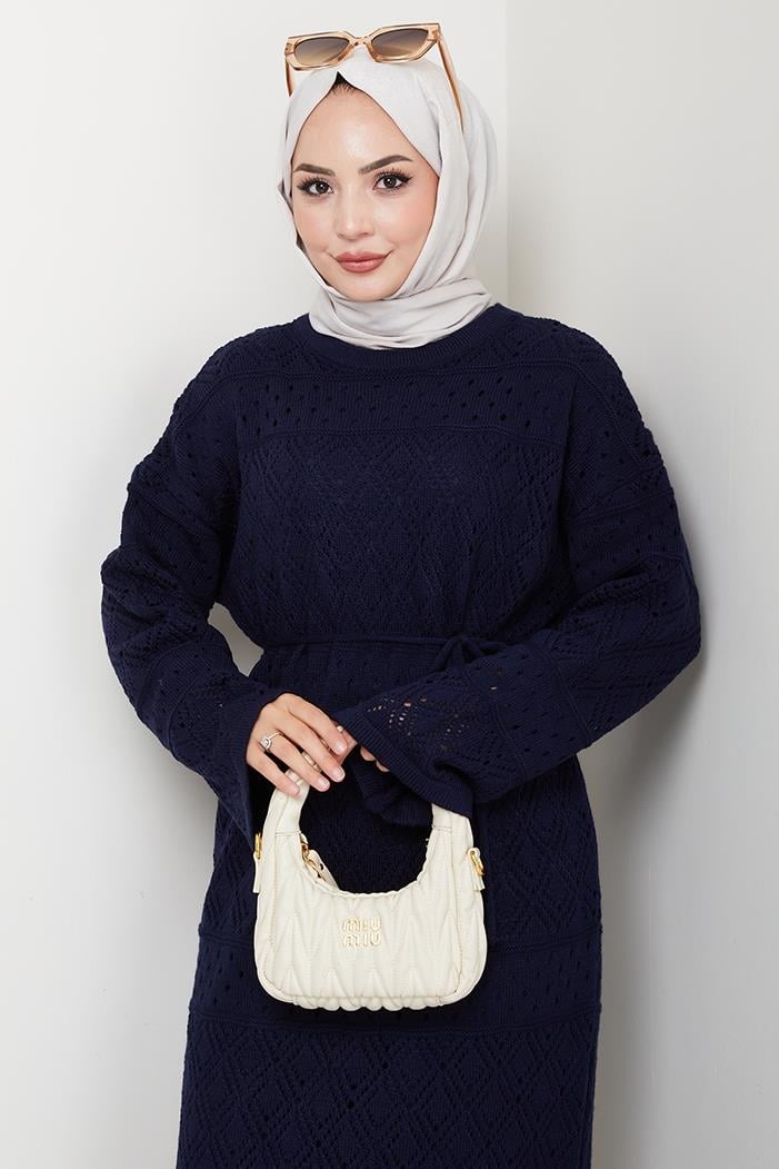 Dantel Motifli Astarlı Triko Elbise 1601 - Lacivert