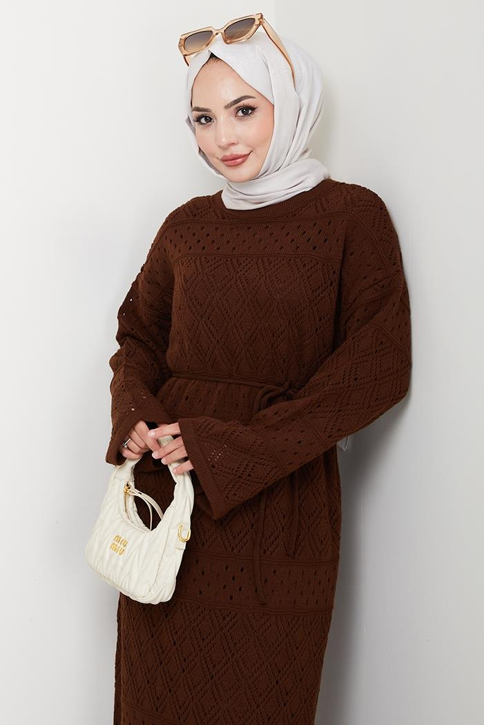 Dantel Motifli Astarlı Triko Elbise 1601 - Acı Kahve