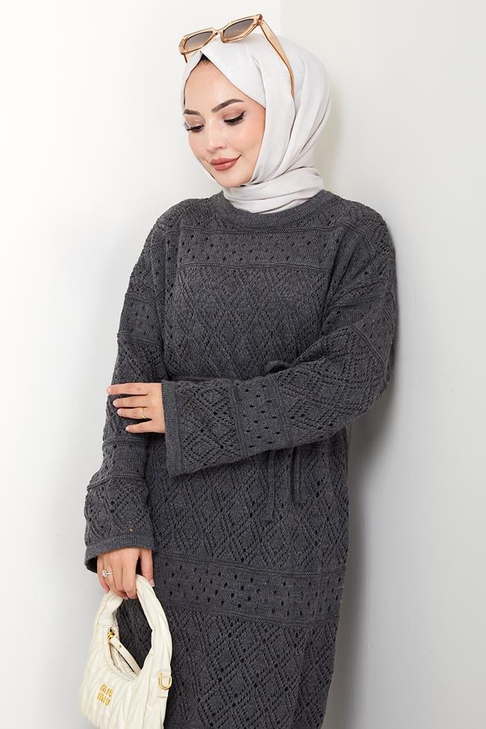 Dantel Motifli Astarlı Triko Elbise 1601 - Antrasit