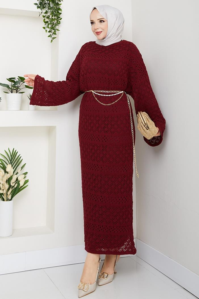 Dantel Motifli Astarlı Triko Elbise 1601 - Bordo
