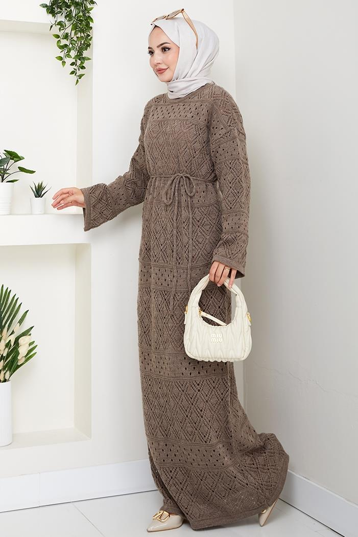 Dantel Motifli Astarlı Triko Elbise 1601 - Açık Kahve