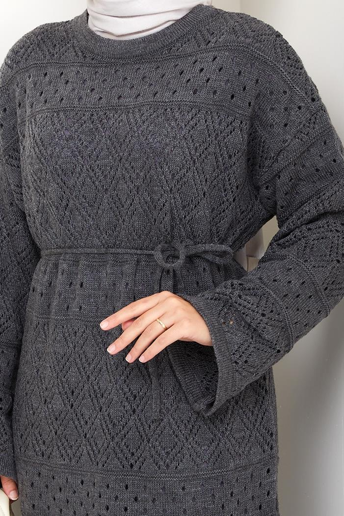 Dantel Motifli Astarlı Triko Elbise 1601 - Antrasit