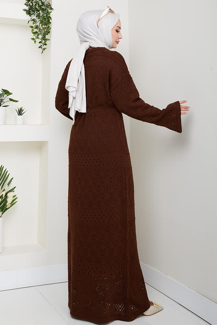 Dantel Motifli Astarlı Triko Elbise 1601 - Acı Kahve