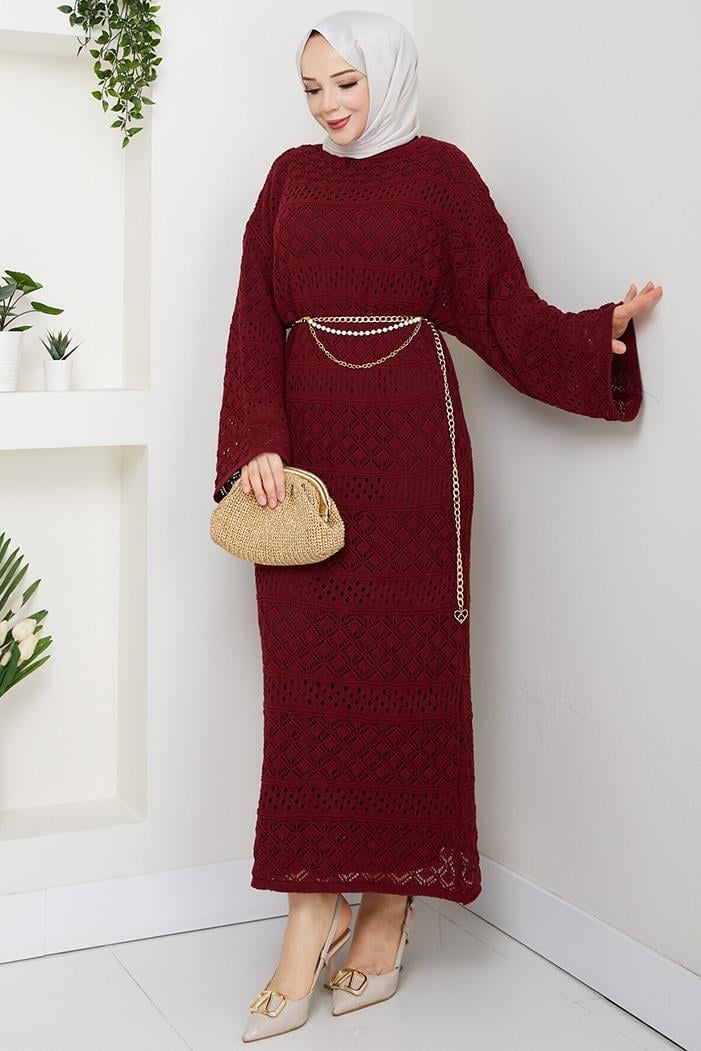 Dantel Motifli Astarlı Triko Elbise 1601 - Bordo