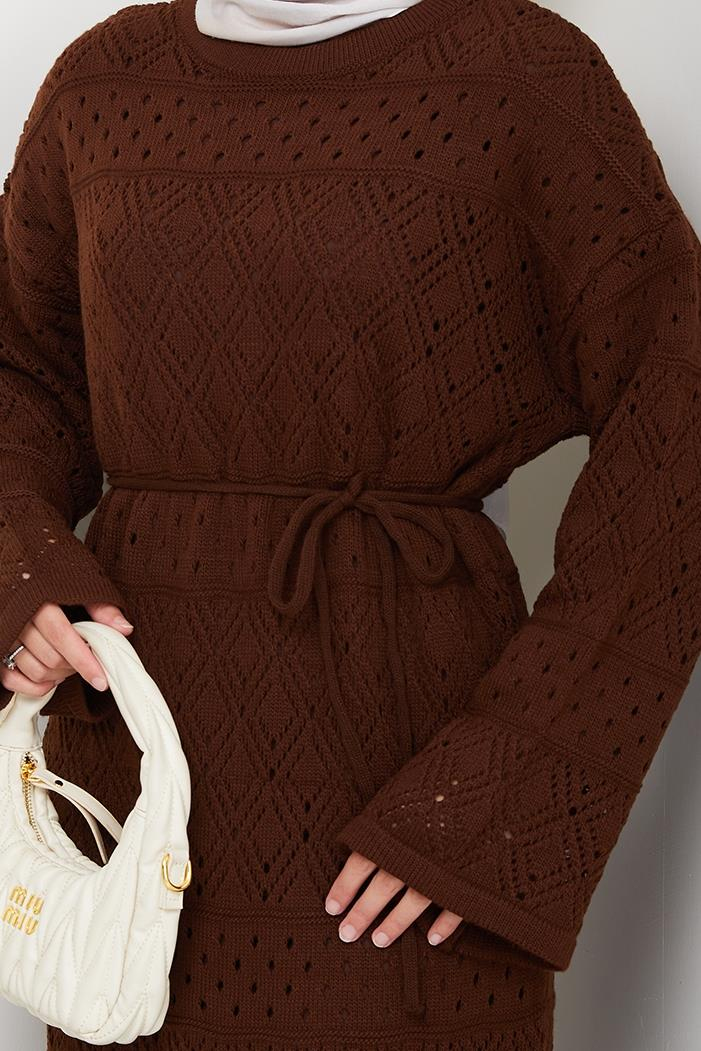 Dantel Motifli Astarlı Triko Elbise 1601 - Acı Kahve