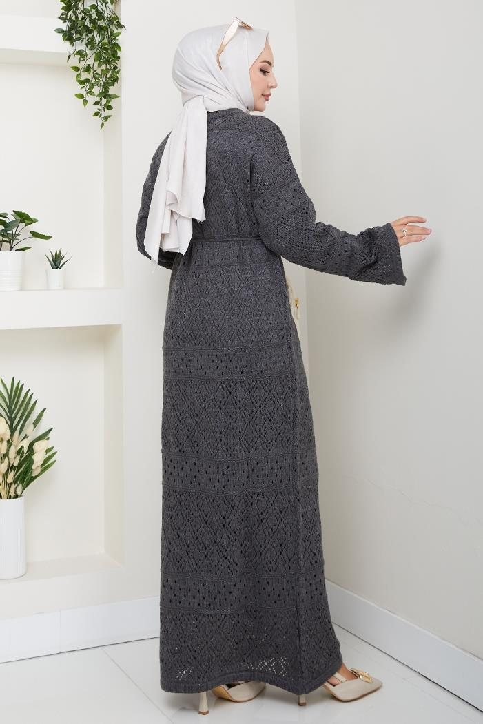 Dantel Motifli Astarlı Triko Elbise 1601 - Antrasit