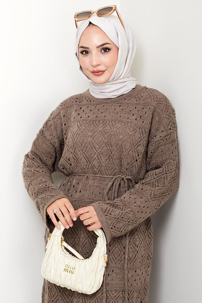 Dantel Motifli Astarlı Triko Elbise 1601 - Açık Kahve