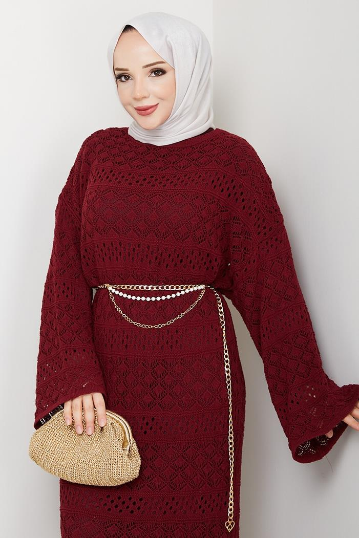 Dantel Motifli Astarlı Triko Elbise 1601 - Bordo