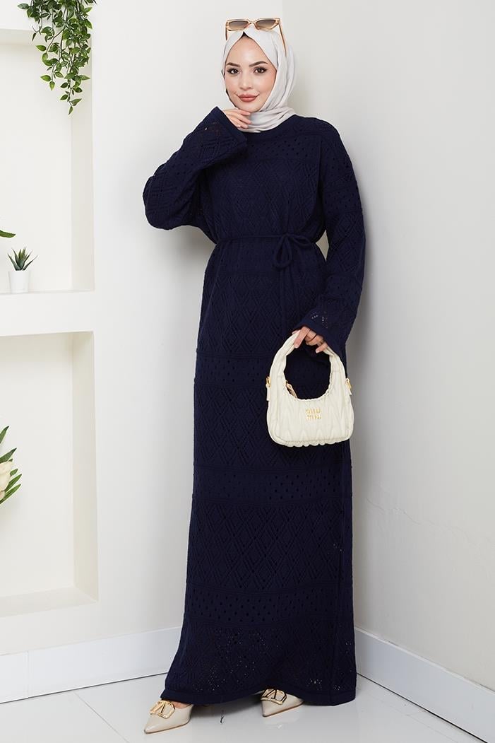 Dantel Motifli Astarlı Triko Elbise 1601 - Lacivert